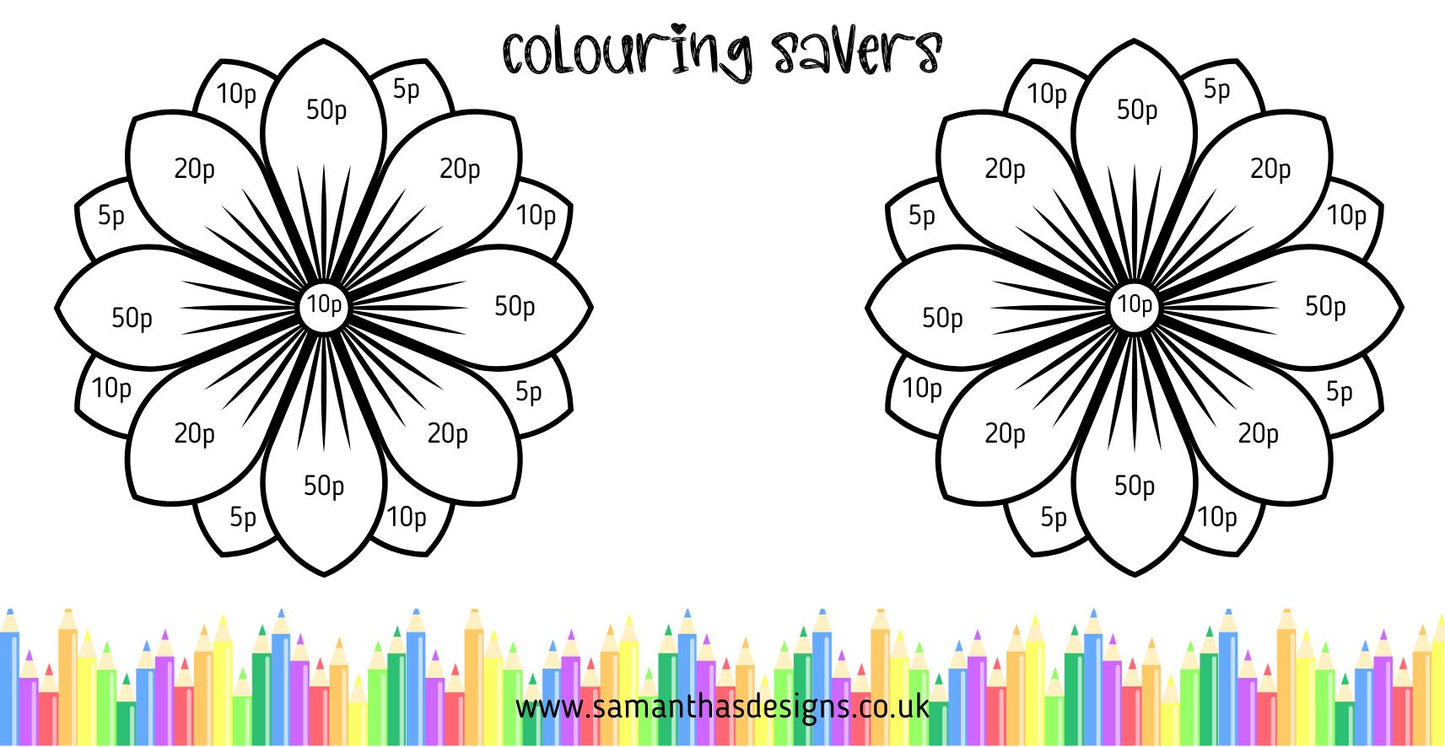 Kids Colour Me In Savings Challenges - A6 Cash Stuffing Challenges - Various Saved Amounts