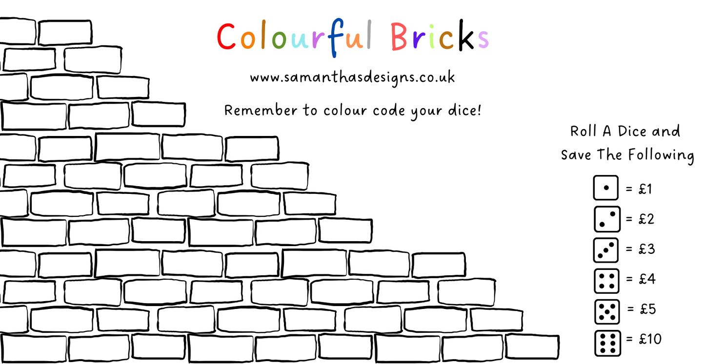 Savings Challenge - Colourful Bricks - Dice Included - A6 Cash Stuffing Challenge