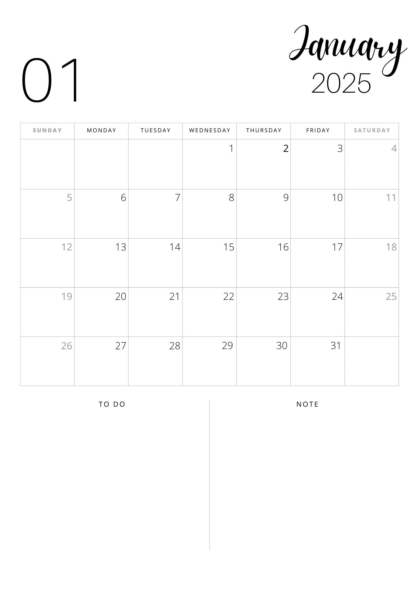 2025 Monthly Calendar